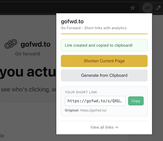 gofwd.to Chrome Extension popup showing a shortened link